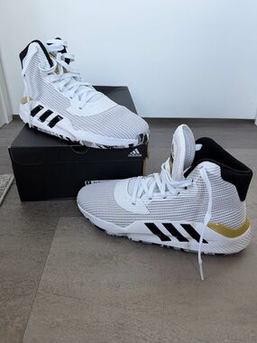 adidas White, Black & Gold High-Top Men’s Basketball Shoes